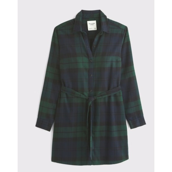 Abercrombie &Fitch Flannel Plaid Shirt Dress GreenBlue Belted Long Sleeve Medium - Picture 4 of 11